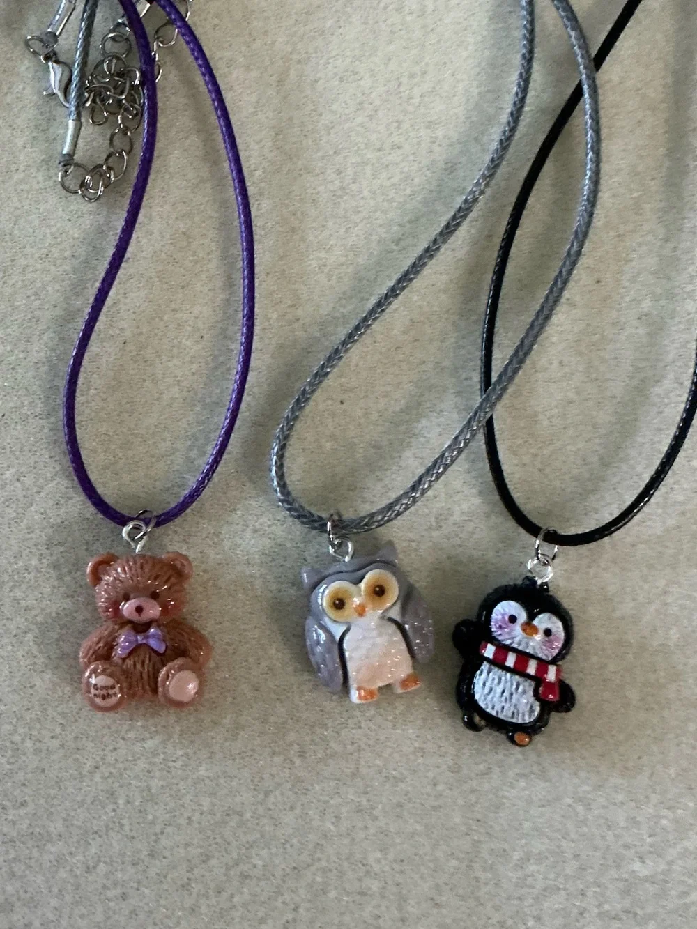 Cute Kids Animal Pendant Necklace Set - Brown Teddy, Gray Owl, Black Penguin